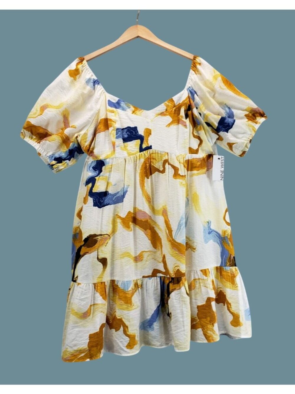 Babydoll Dress Colorful Abstract XXL Nine West Puff Sleeve Sweetheart Neckline